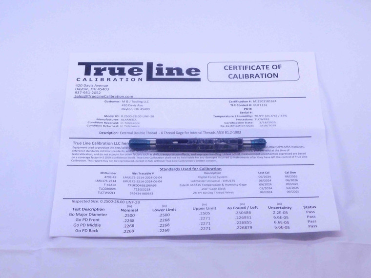 CERTIFIED 1/4 28 UNF 2B THREAD PLUG GAGE .25 GO NO GO P.D.'S = .2268 & .2311 - DW26197TLC