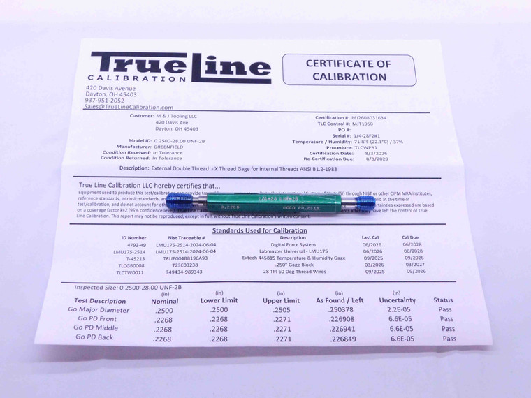 CERTIFIED 1/4 28 UNF 2B THREAD PLUG GAGE .25 GO NO GO P.D.'S = .2268 & .2311 - DW26197TLC