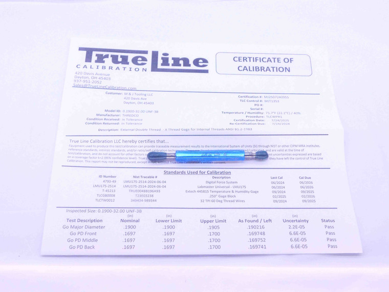 CERTIFIED 10 32 UNF 3B THREAD PLUG GAGE #10 .190 GO NO GO PD'S = .1697 & .1726 - DW26281TLC