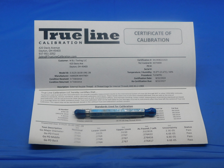 CERTIFIED 5/16 18 UNC 2B THREAD PLUG GAGE .3125 GO NO GO P.D.'S = .2764 & .2817 - DW26282TLC