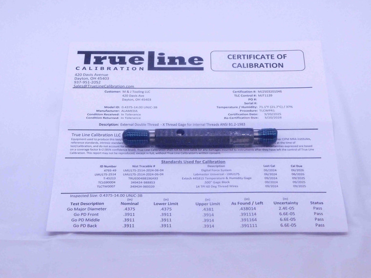 CERTIFIED 7/16 14 UNJC 3B THREAD PLUG GAGE .4375 GO NO GO PD'S = .3911 & .3957 - DW26296TLC
