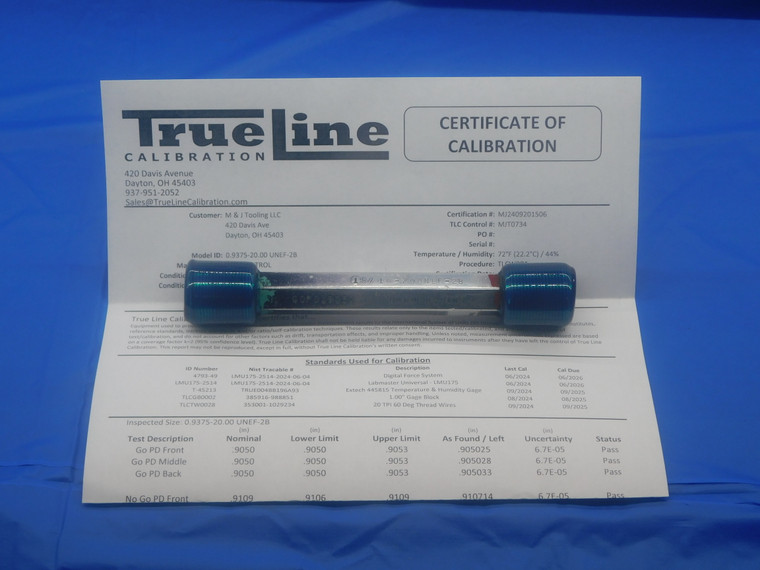 CERTIFIED 15/16 20 UNEF 2B THREAD PLUG GAGE .9375 GO NO GO PD'S = .9050 & .9109 - DW26298TLC