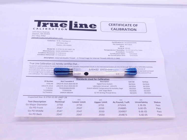 CERTIFIED 3/8 32 UNEF 2B THREAD PLUG GAGE .375 GO NO GO P.D.'S = .3547 & .3591 - DW26292TLC