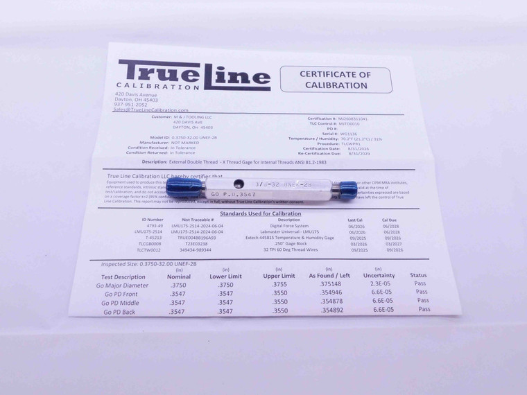 CERTIFIED 3/8 32 UNEF 2B THREAD PLUG GAGE .375 GO NO GO P.D.'S = .3547 & .3591 - DW26292TLC