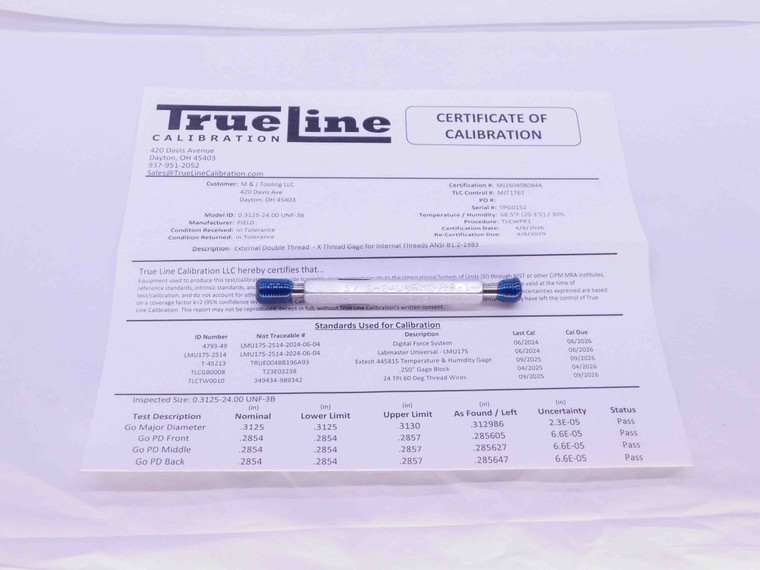 CERTIFIED 5/16 24 UNF 3B THREAD PLUG GAGE .3125 GO NO GO P.D.'S = .2854 & .2890 - DW26285TLC