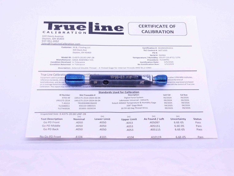 CERTIFIED 7/16 20 UNF 2B THREAD PLUG GAGE .4375 GO NO GO P.D.'S = .4050 & .4104 - DW26297TLC
