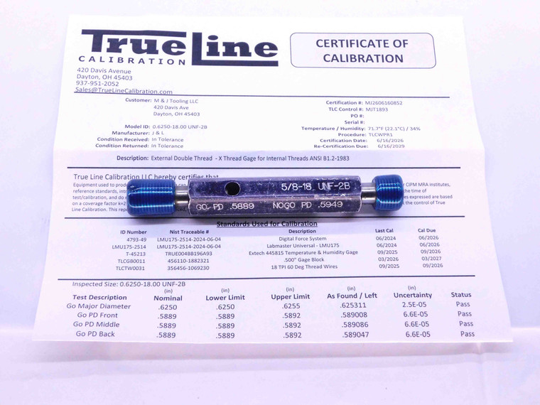 CERTIFIED 5/8 18 UNF 2B THREAD PLUG GAGE .625 GO NO GO P.D.'S = .5889 & .5949 - DW26379TLC