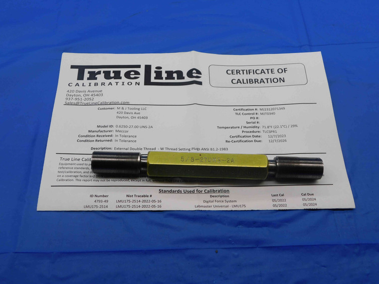 CERTIFIED 5/8 27 UNS 2A SET THREAD PLUG GAGE .625 GO NO GO PD'S = .5998 & .5960 - DW26404TLC