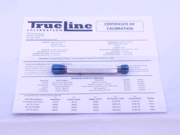 CERTIFIED 7/16 20 UNF 3B THREAD PLUG GAGE .4375 GO NO GO P.D.'S = .4050 & .4091 - DW26416TLC