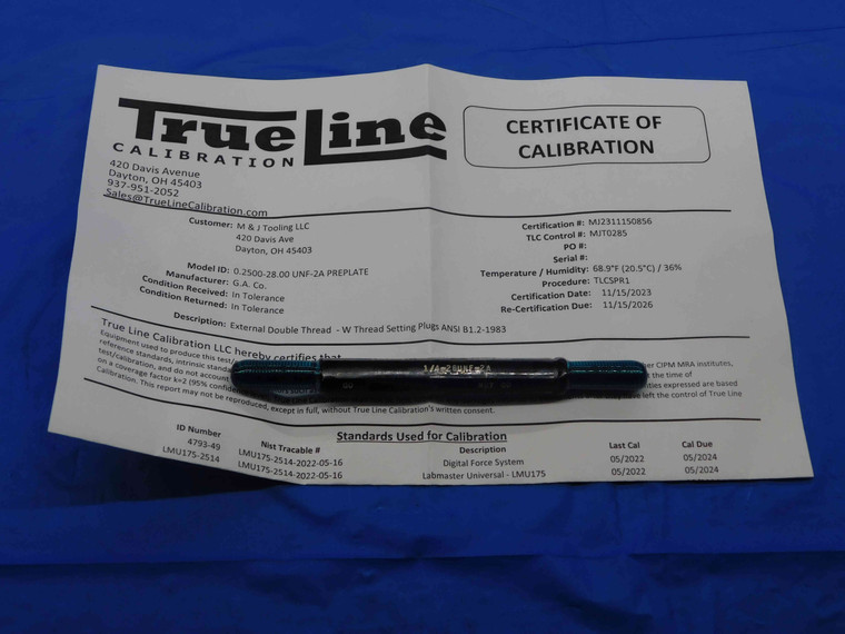 CERTIFIED 1/4 28 UNF 2A PREPLATE SET THREAD PLUG GAGE .25 GO NO GO = .2246 .2213 - DW26440TLC