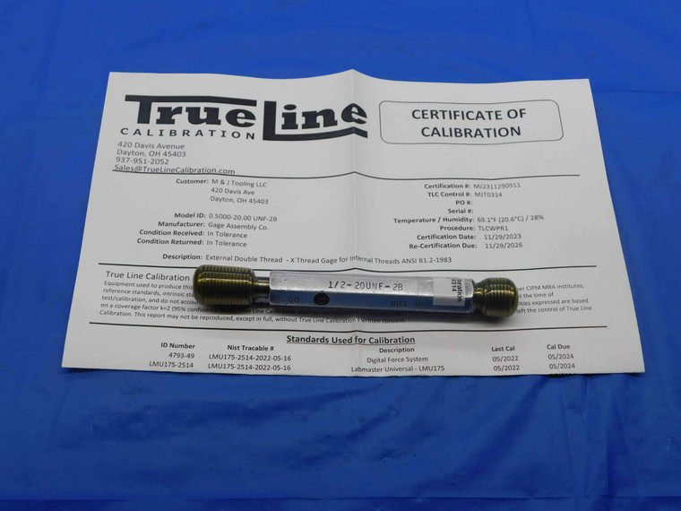 CERTIFIED 1/2 20 UNF 2B THREAD PLUG GAGE .5 .50 GO NO GO P.D.'S = .4675 & .4731 - DW26482TLC