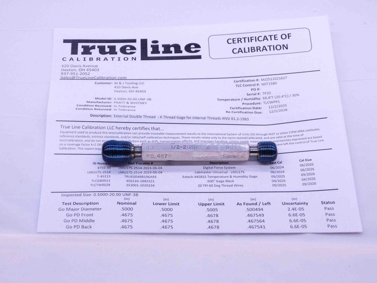 CERTIFIED 1/2 20 UNF 3B THREAD PLUG GAGE .5 .50 GO NO GO P.D.'S = .4675 & .4717 - DW26481TLC