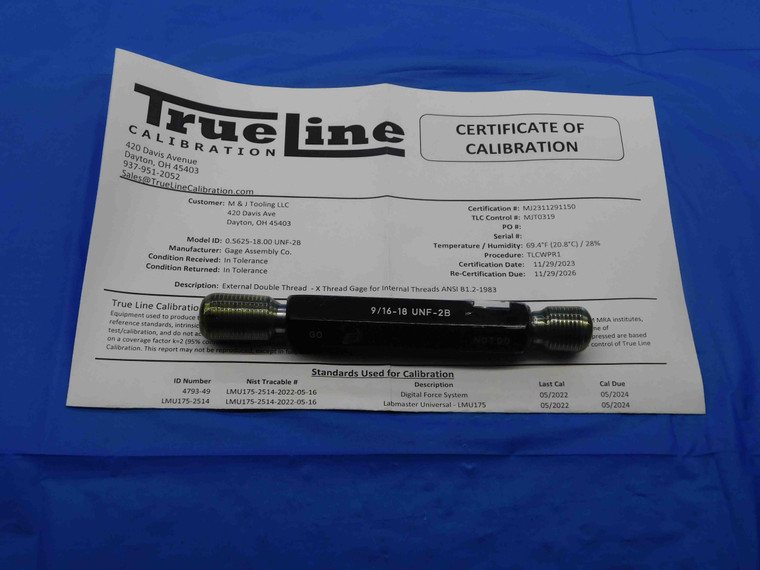 CERTIFIED 9/16 18 UNF 2B THREAD PLUG GAGE .5625 GO NO GO P.D.'S = .5264 & .5323 - DW26464TLC