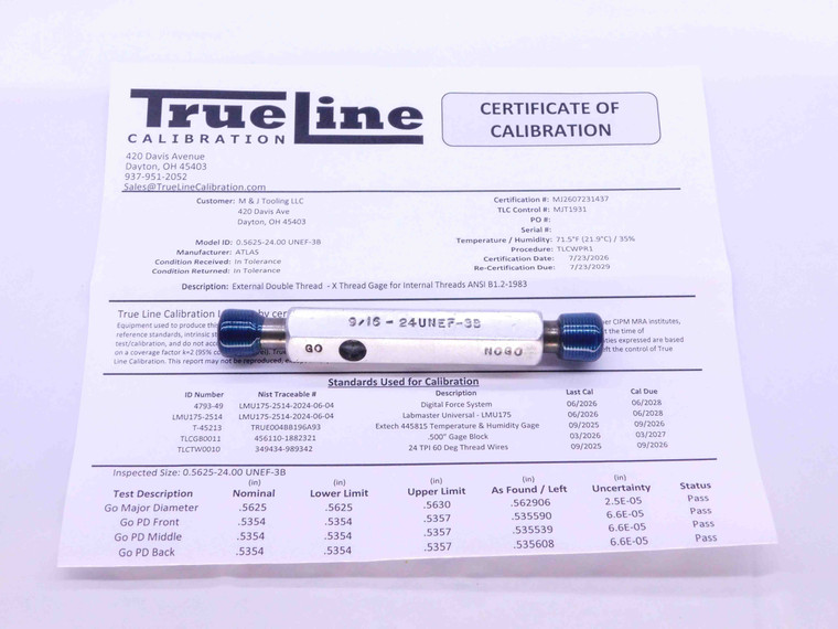 CERTIFIED 9/16 24 UNEF 3B THREAD PLUG GAGE .5625 GO NO GO P.D.'S = .5354 & .5392 - DW26466TLC