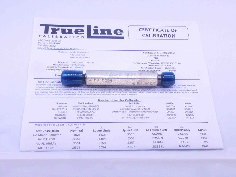 CERTIFIED 9/16 24 UNEF 2B THREAD PLUG GAGE .5625 GO NO GO PD'S = .5354 & .5405 - DW26465TLC