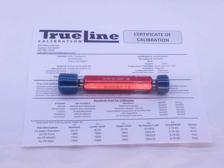 CERTIFIED 13/16 20 UNEF 3B THREAD PLUG GAGE .8125 GO NO GO PD'S = .7800 & .7843 - DW26470TLC