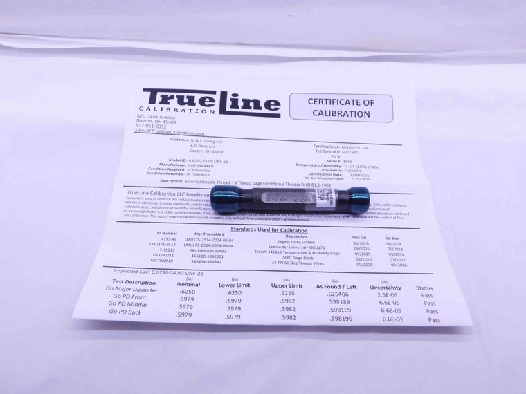 CERTIFIED 5/8 24 UNF 2B THREAD PLUG GAGE .625 GO NO GO P.D.'S = .5979 & .6031 - DW26477TLC