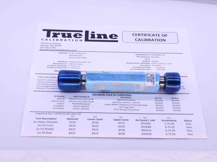 CERTIFIED 7/8 20 UNEF 2B THREAD PLUG GAGE .875 GO NO GO P.D.'S = .8425 & .8482 - DW26511TLC