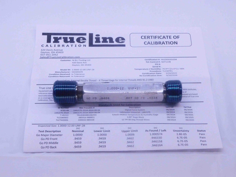 CERTIFIED 1" 12 UNF 2B THREAD PLUG GAGE 1.0 GO NO GO P.D.'S = .9459 & .9535 - DW26530TLC
