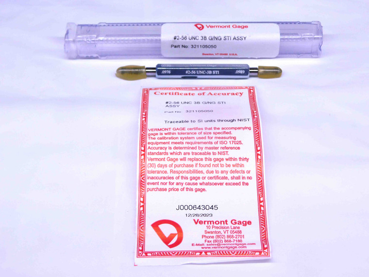 NEW 2 56 UNC 3B STI VERMONT THREAD PLUG GAGE #2 .086 GO NO GO PDS= .0976 & .0989 - MS6846VTG