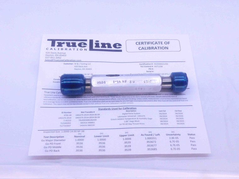 CERTIFIED 1" 14 NF 3B THREAD PLUG GAGE 1.0 GO NO GO P.D.'S = .9536 & .9590 - DW26685TLC