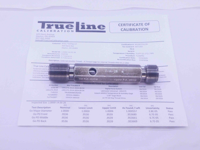 CERTIFIED 1" 14 UNS 2B THREAD PLUG GAGE 1.0 GO NO GO P.D.'S = .9536 & .9609 - DW26686TLC