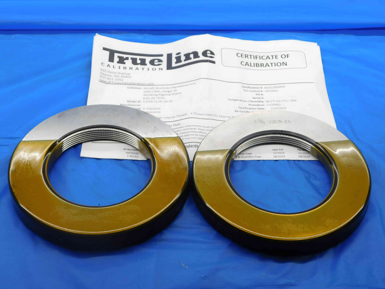 CERTIFIED 3 3/8 12 UN 2A SOLID THREAD RING GAGES 3.375 GO NO GO = 3.3190 3.3126 - DW26720TLC