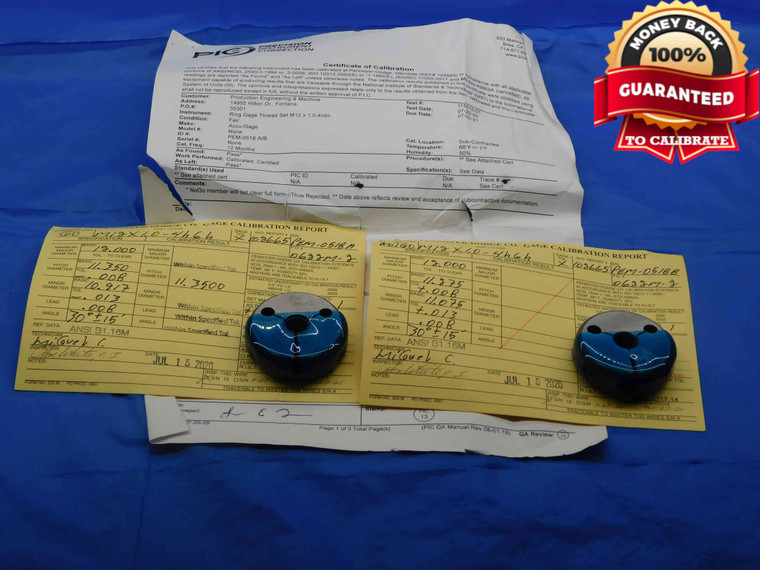 CERTIFIED M12 X 10 4h6h THREAD RING GAGES 12 GO NO GO P.D.'S = 11.350 & 11.275 - DW26750AA4