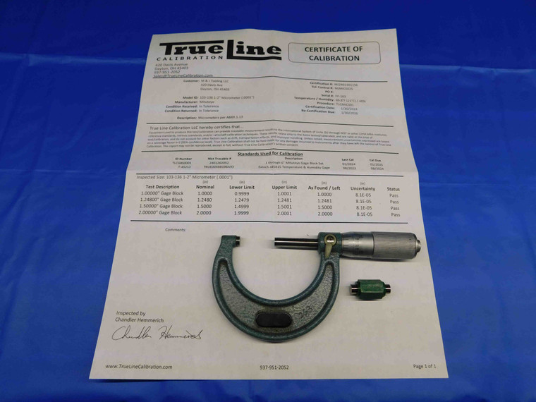 MITUTOYO 103-136 CALIBRATED 1-2" OUTSIDE MICROMETER .0001" GRADUATION + STANDARD - BR3460LVR