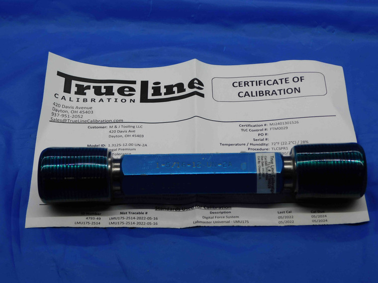 CERTIFIED 1 5/16 12 UN 2A SET THREAD PLUG GAGE 1.3125 GO NO GO = 1.2567 1.2509 - DW26823TLC