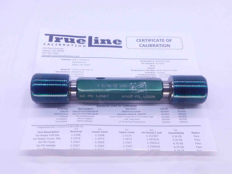 CERTIFIED 1 5/16 12 UN 2A SET THREAD PLUG GAGE 1.3125 GO NO GO 1.2567 1.2509 UNS - DW26823TLC