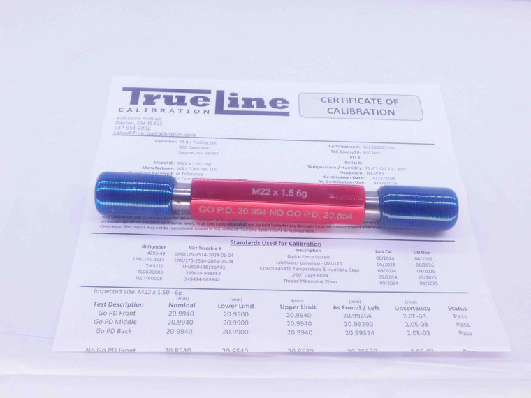 CERTIFIED M22 X 1.5 6g SET THREAD PLUG GAGE 22 GO NO GO PD'S = 20.994 & 20.854 - DW26822TLC
