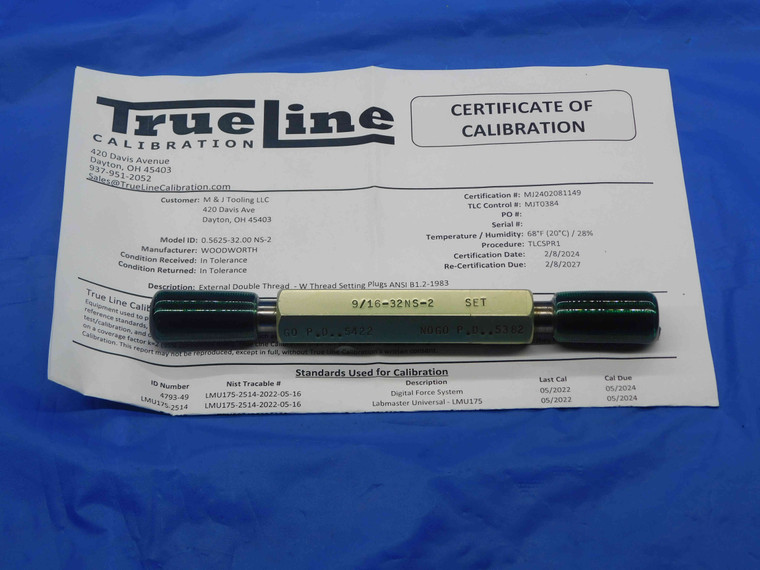 CERTIFIED 9/16 32 NS 2 SET THREAD PLUG GAGE .5625 GO NO GO = .5422 .5382 CHECK - DW26870TLC