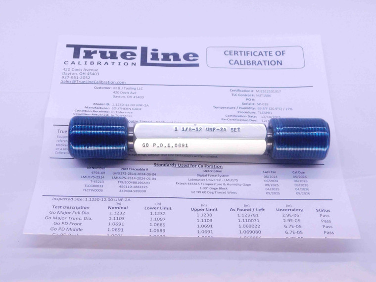 CERTIFIED 1 1/8 12 UNF 2A SET THREAD PLUG GAGE 1.125 GO NO GO = 1.0691 & 1.0631 - DW26895TLC