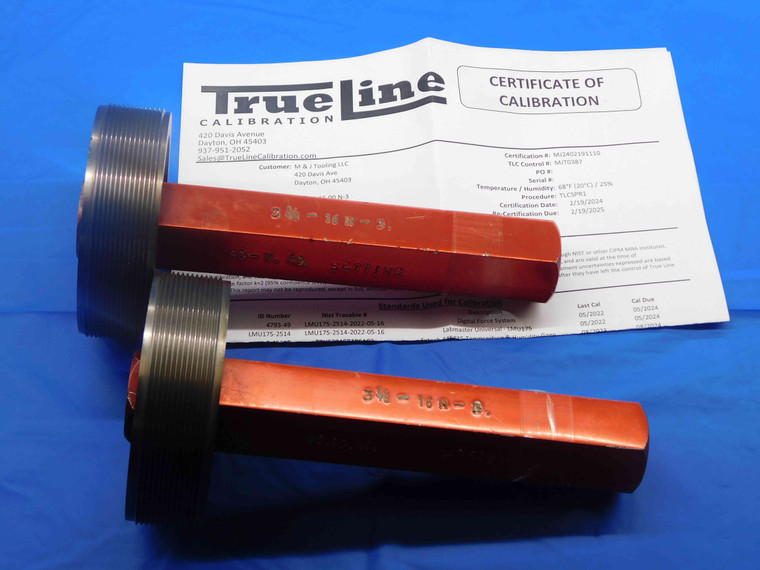 CERTIFIED 3 3/8 16 N 3 SET THREAD PLUG GAGE 3.375 GO NO GO PDS= 3.3344 & 3.3296 - DW26927TLC