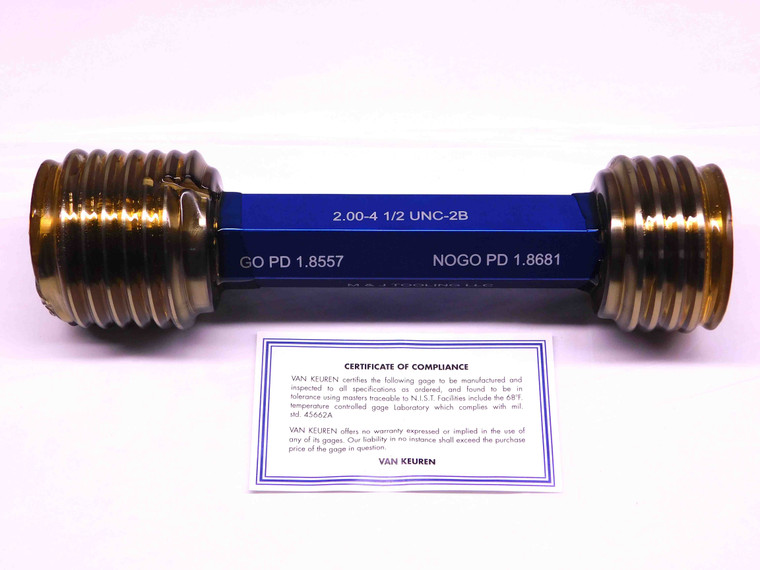 NEW 2" 4 1/2 UNC 2B THREAD PLUG GAGE 2.0 2.00 4.5 GO NO GO P.D.'S = 1.8557 & 1.8681 - MS6911GFG