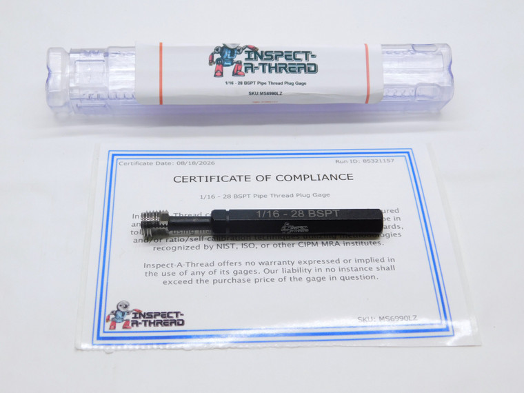 NEW 1/16 28 BSPT PIPE THREAD PLUG GAGE .0625 BRITISH TAPER 1/16-28 B.S.P.T. - MS6990LZ