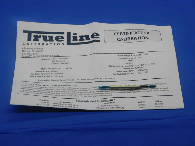 CERTIFIED 0 80 UNF 3A SET THREAD PLUG GAGE #0 .060 GO NO GO PDS= .0519 & .0506 - DW27894TLC