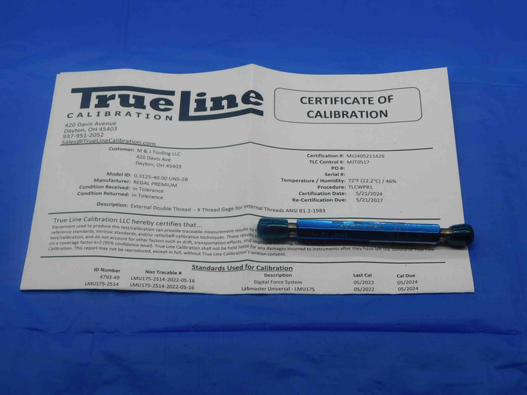 CERTIFIED 5/16 40 UNS 2B THREAD PLUG GAGE .3125 GO NO GO P.D.'S = .2963 & .3001 - DW28158TLC