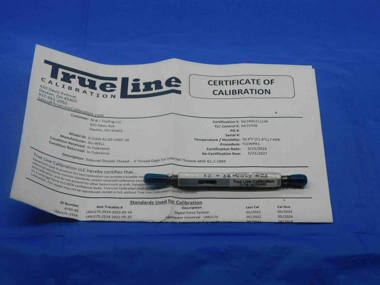 CERTIFIED 12 32 UNEF 2B THREAD PLUG GAGE #12 .216 GO NO GO PD'S = .1957 & .1998 - DW28156TLC