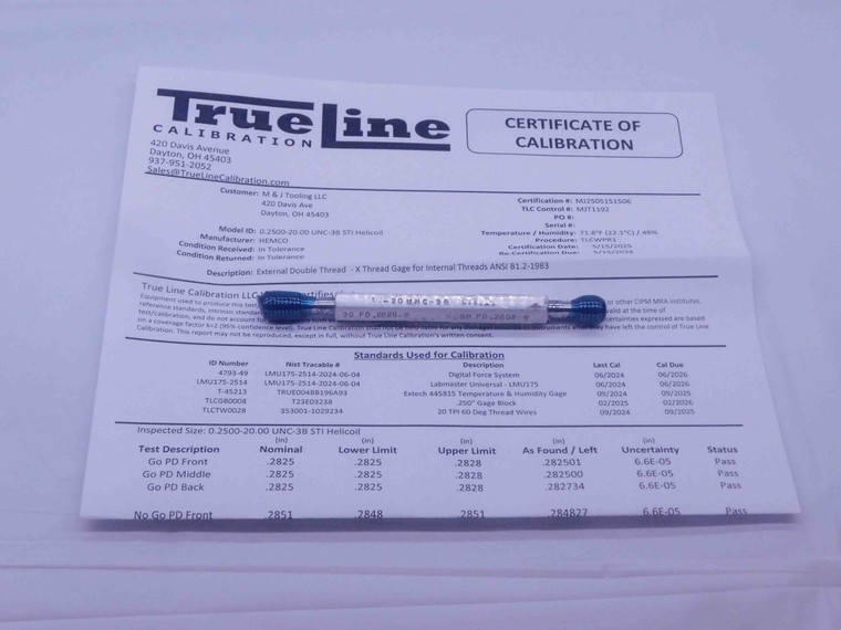 CERTIFIED 1/4 20 UNC 3B STI HELICOIL THREAD PLUG GAGE .25 GO NO GO = .2825 .2851 - DW28159TLC