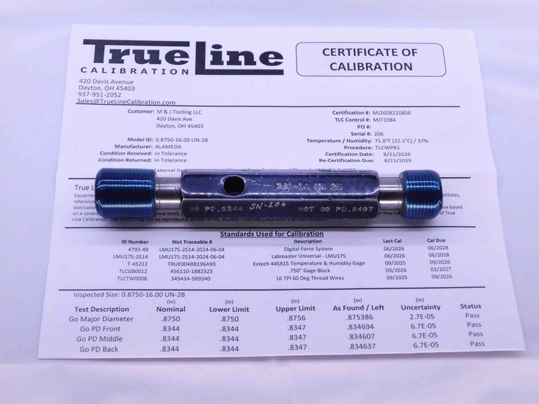 CERTIFIED 7/8 16 UN 2B THREAD PLUG GAGE .875 GO NO GO P.D.'S = .8344 & .8407 - DW28204TLC