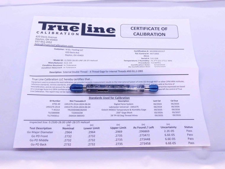 CERTIFIED 1/4 28 UNF 2B STI HELICOIL THREAD PLUG GAGE .25 GO NO GO = .2732 .2765 - DW28215TLC