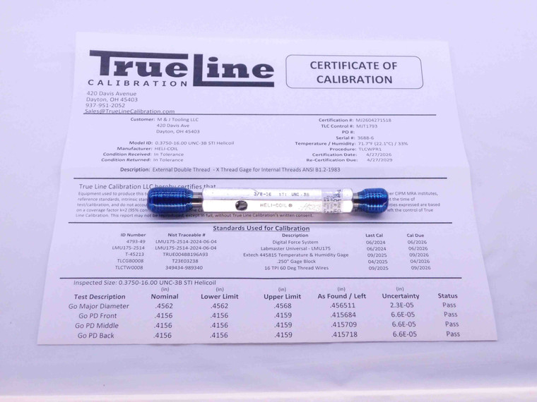 CERTIFIED 3/8 16 UNC 3B STI HELICOIL THREAD PLUG GAGE .375 GO NOGO = .4156 .4189 - DW28216TLC