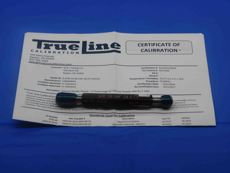 CERTIFIED 3/8 24 UNF 2B STI HELICOIL THREAD PLUG GAGE .375 GO NOGO = .4020 .4059 - DW28217TLC