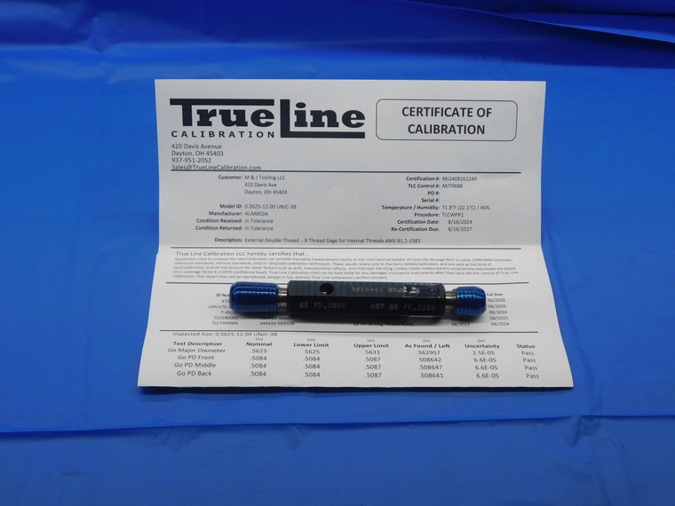 CERTIFIED 9/16 12 UNJC 3B THREAD PLUG GAGE .5625 GO NO GO PD'S = .5084 & .5135 - DW28209TLC