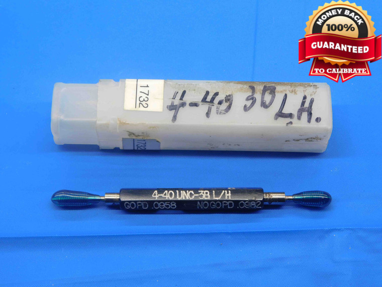 4 40 UNC 3B LEFT HAND THREAD PLUG GAGE #4 .112 GO NO GO P.D.'S = .0958 & .0982 - DW28232AZ4