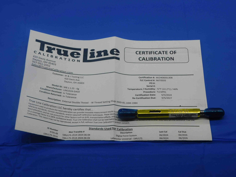 CERTIFIED M8 X 1.25 6g SET THREAD PLUG GAGE 8 GO NO GO P.D.'S = 7.160 & 7.042 - DW28341TLC