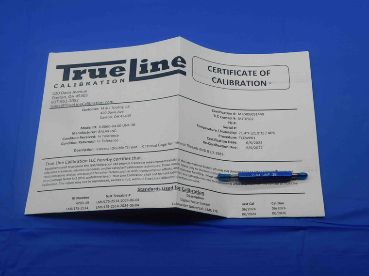 CERTIFIED 2 64 UNF 3B THREAD PLUG GAGE #2 .086 GO NO GO P.D.'S = .0759 & .0779 - DW28334TLC