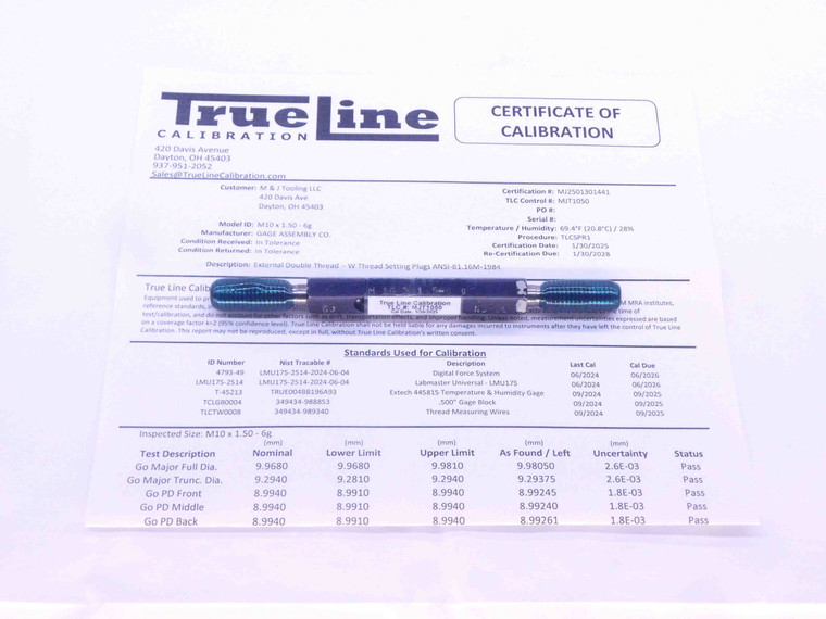 CERTIFIED M10 X 1.5 6g SET THREAD PLUG GAGE 10 GO NO GO P.D.'S = 8.994 & 8.862 - DW28346TLC